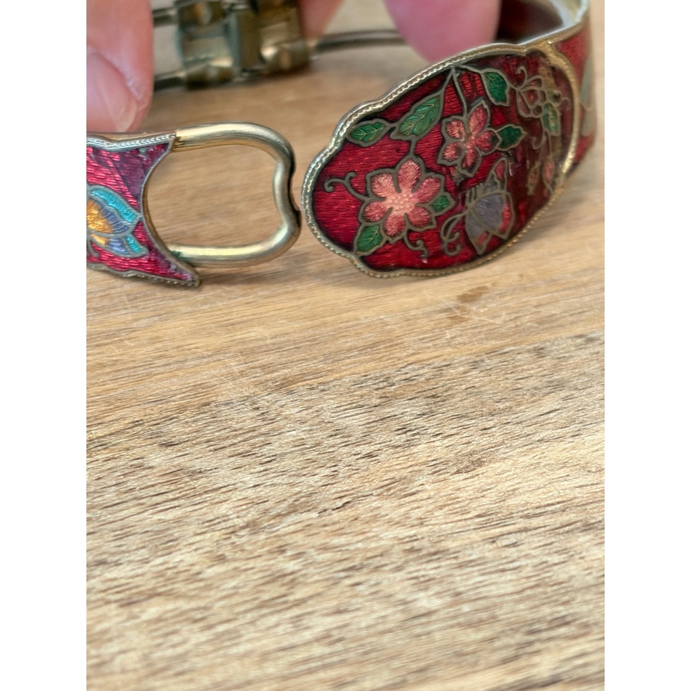 Vintage Red Cloisonne Enamel Butterfly Hinged Bangle Bracelet Floral Boho - Picture 3 of 11